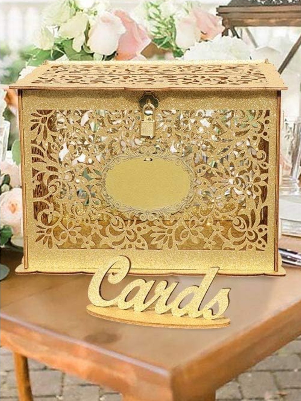 Glittery Gold Laser-Cut Wedding Card Box with 'Cards' Sign